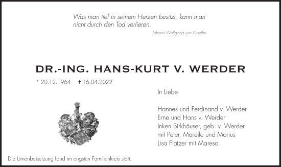 Traueranzeige von Hans-Kurt von Werder von Süddeutsche Zeitung