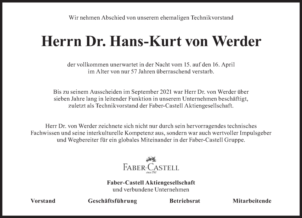  Traueranzeige für Hans-Kurt von Werder vom 14.05.2022 aus Süddeutsche Zeitung