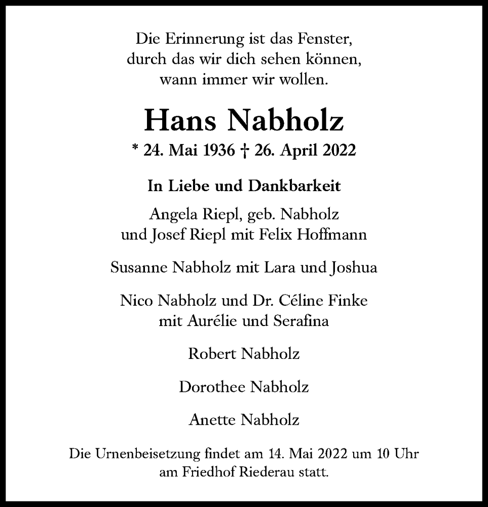  Traueranzeige für Hans Nabholz vom 07.05.2022 aus Süddeutsche Zeitung