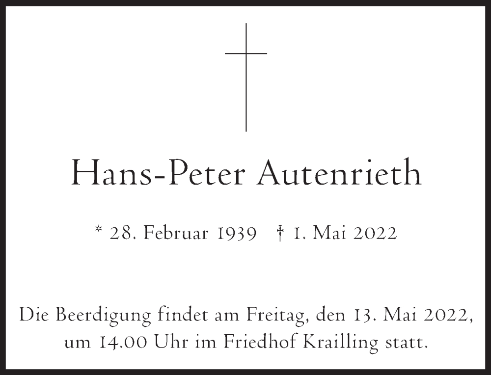  Traueranzeige für Hans-Peter Autenrieth vom 07.05.2022 aus Süddeutsche Zeitung