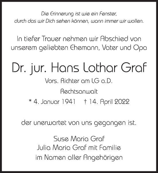 Traueranzeige von Hans Lothar Graf von Süddeutsche Zeitung