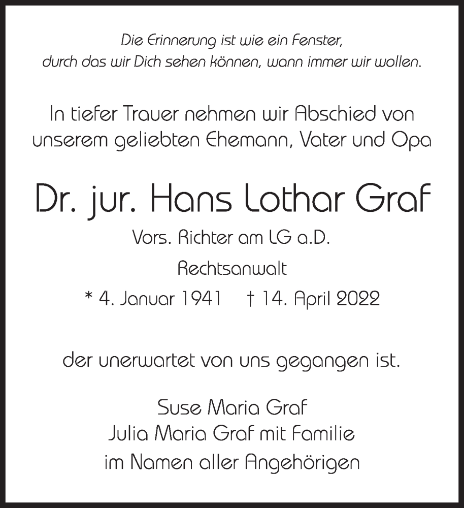 Traueranzeige für Hans Lothar Graf vom 07.05.2022 aus Süddeutsche Zeitung
