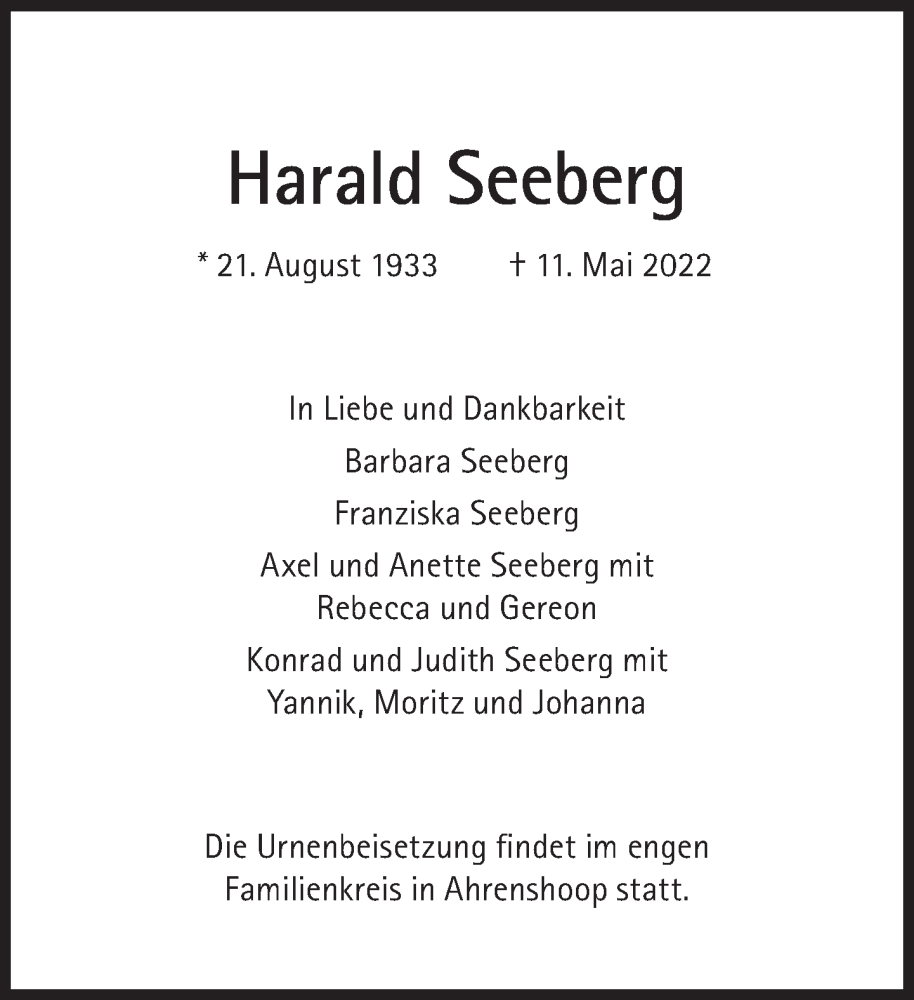  Traueranzeige für Harald Seeberg vom 14.05.2022 aus Süddeutsche Zeitung