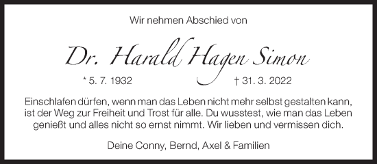 Traueranzeige von Harald Hagen Simon von Süddeutsche Zeitung