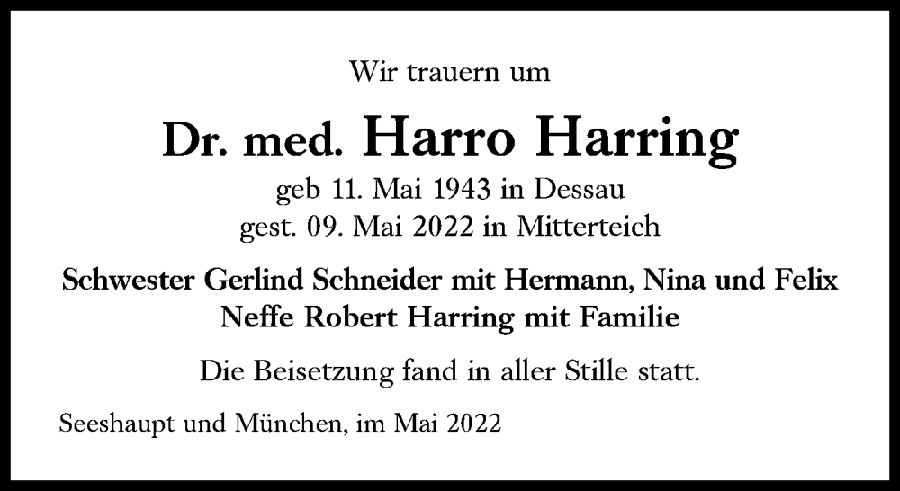  Traueranzeige für Harro Harring vom 28.05.2022 aus Süddeutsche Zeitung