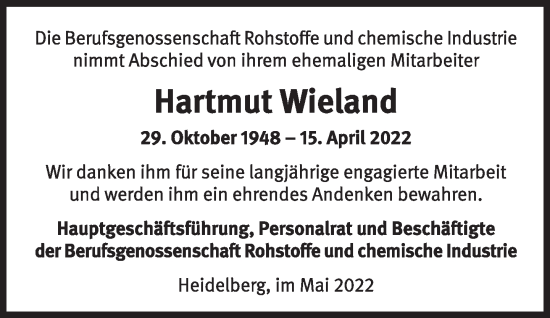 Traueranzeige von Hartmut Wieland von Süddeutsche Zeitung