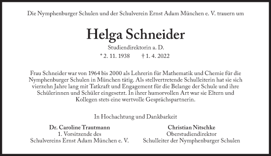 Traueranzeige von Helga Schneider von Süddeutsche Zeitung