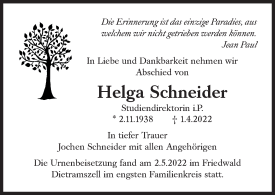 Traueranzeige von Helga Schneider von Süddeutsche Zeitung