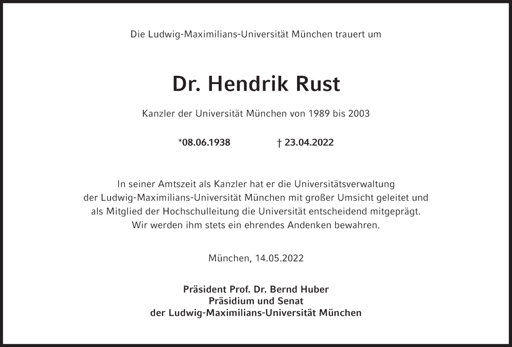  Traueranzeige für Hendrik Rust vom 14.05.2022 aus Süddeutsche Zeitung