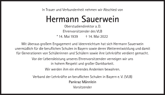 Traueranzeige von Hermann Sauerwein von Süddeutsche Zeitung