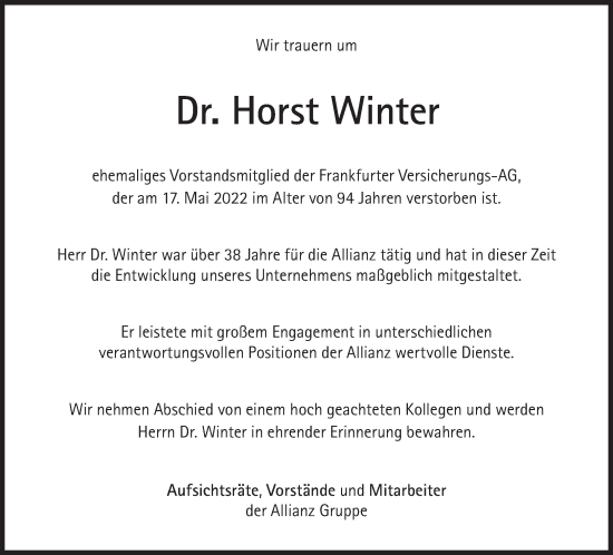 Traueranzeige von Horst Winter von Süddeutsche Zeitung