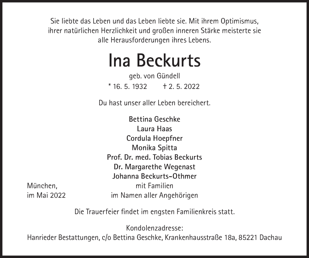  Traueranzeige für Ina Beckurts vom 07.05.2022 aus Süddeutsche Zeitung