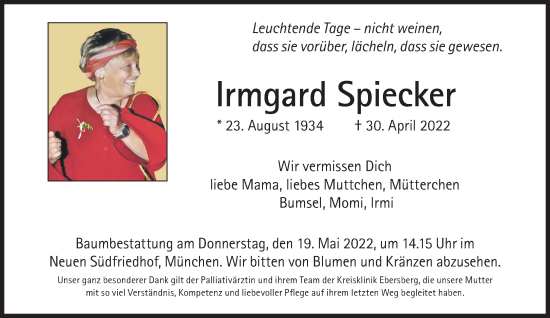 Traueranzeige von Irmgard Spiecker von Süddeutsche Zeitung