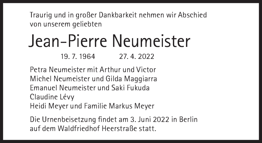  Traueranzeige für Jean-Pierre Neumeister vom 14.05.2022 aus Süddeutsche Zeitung
