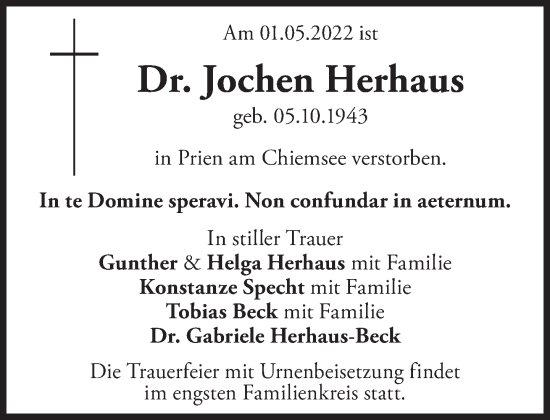 Traueranzeige von Jochen Herhaus von Süddeutsche Zeitung