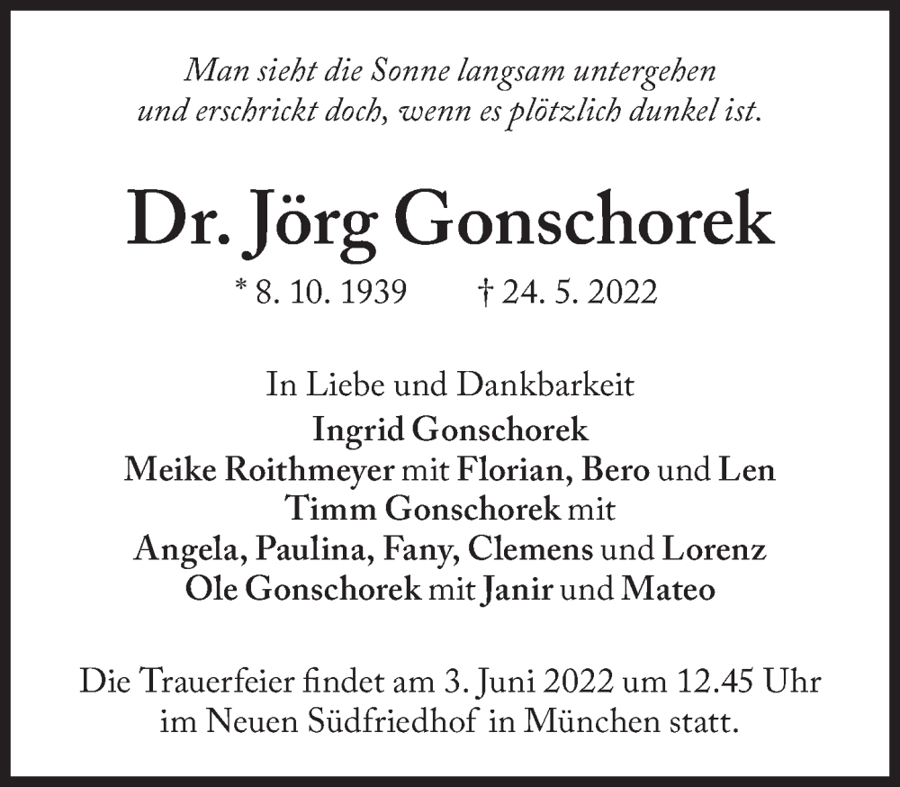  Traueranzeige für Jörg Gonschorek vom 31.05.2022 aus Süddeutsche Zeitung