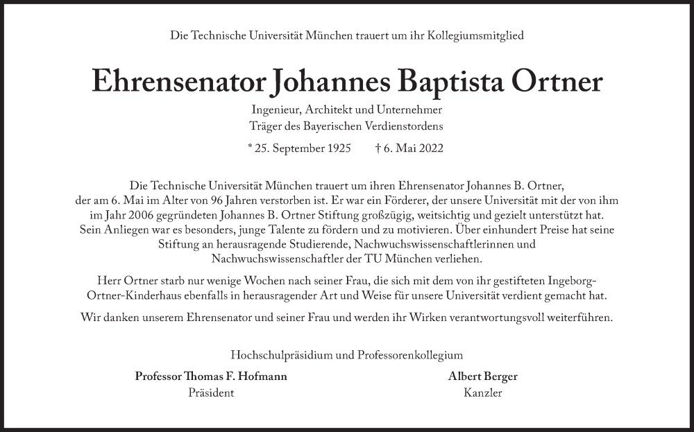  Traueranzeige für Johannes Baptista Ortner vom 14.05.2022 aus Süddeutsche Zeitung