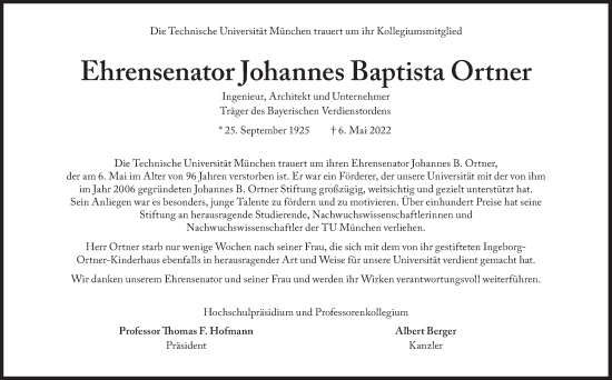 Traueranzeige von Johannes Baptista Ortner von Süddeutsche Zeitung