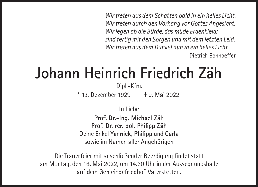  Traueranzeige für Johann Heinrich Friedrich Zäh vom 14.05.2022 aus Süddeutsche Zeitung