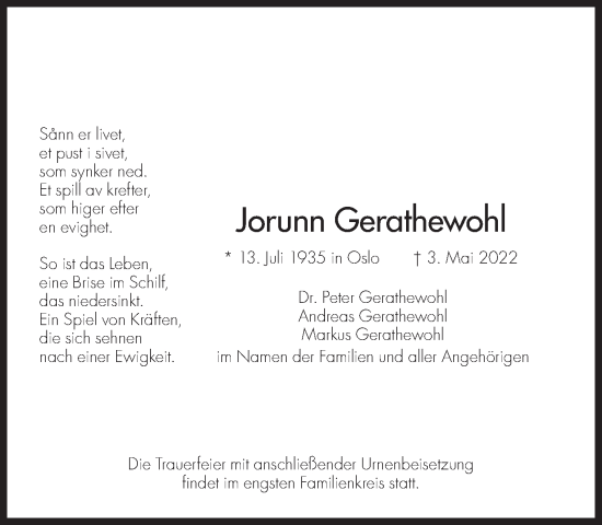 Traueranzeige von Jorunn Gerathewohl von Süddeutsche Zeitung