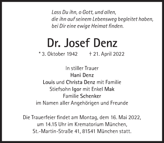 Traueranzeige von Josef Denz von Süddeutsche Zeitung
