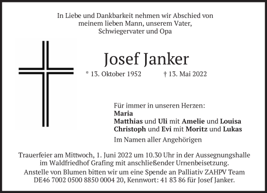 Traueranzeige von Josef Janker von Süddeutsche Zeitung