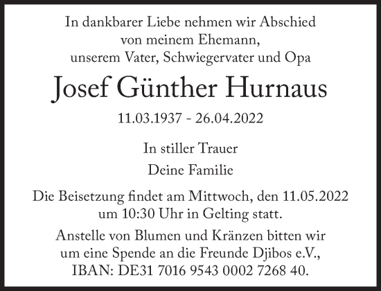 Traueranzeige von Josef Günther Hurnaus  von Süddeutsche Zeitung