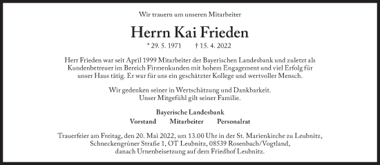 Traueranzeige von Kai Frieden von Süddeutsche Zeitung