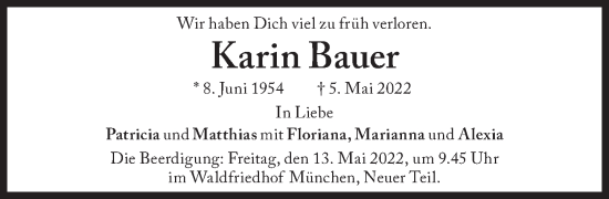 Traueranzeige von Karin Bauer von Süddeutsche Zeitung