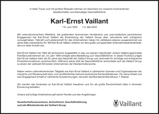 Traueranzeige von Karl-Ernst Vaillant von Süddeutsche Zeitung