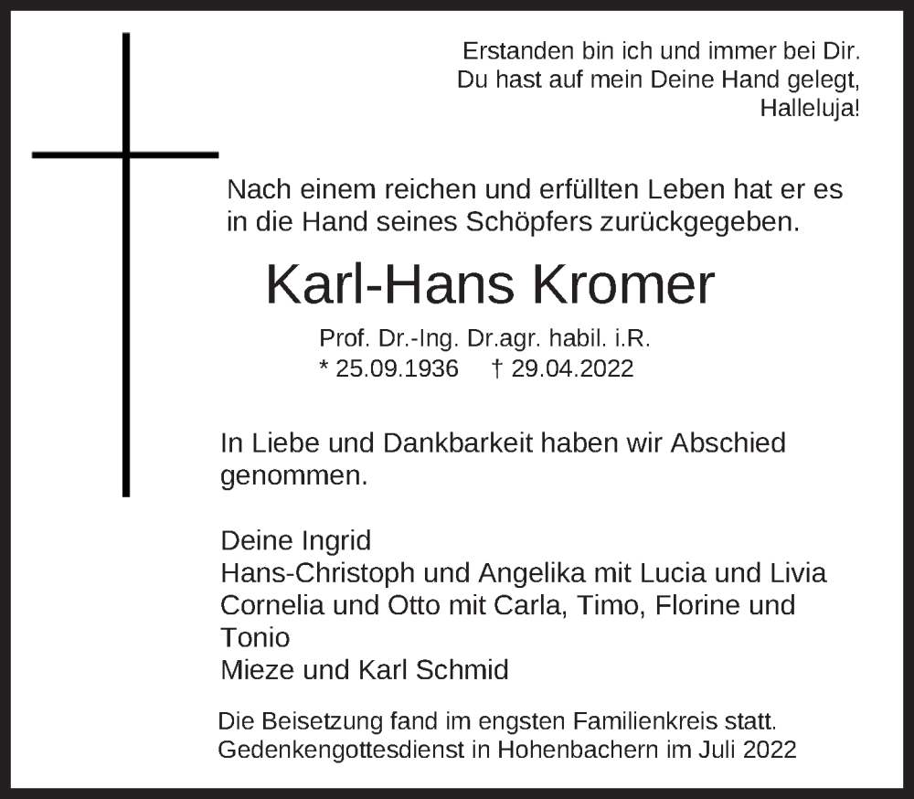  Traueranzeige für Karl-Hans Kromer vom 09.05.2022 aus Süddeutsche Zeitung