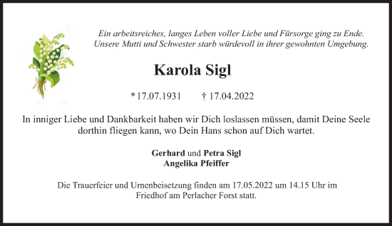 Traueranzeige von Karola Sigl von Süddeutsche Zeitung