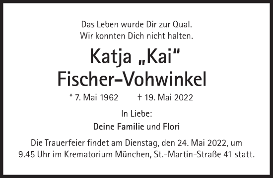 Traueranzeige von Katja Fischer-Vohwinkel von Süddeutsche Zeitung
