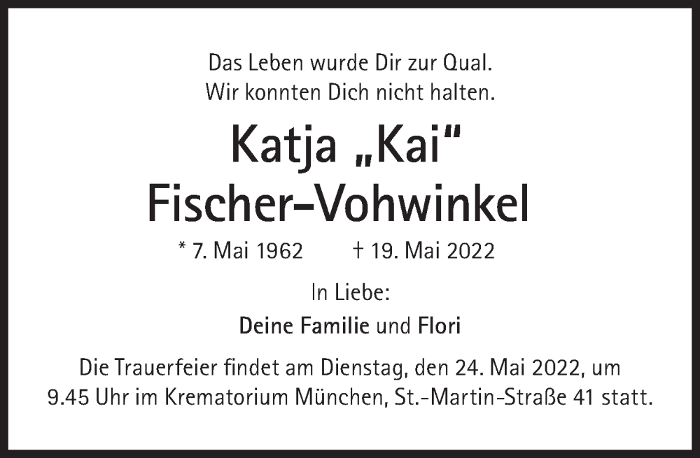  Traueranzeige für Katja Fischer-Vohwinkel vom 21.05.2022 aus Süddeutsche Zeitung