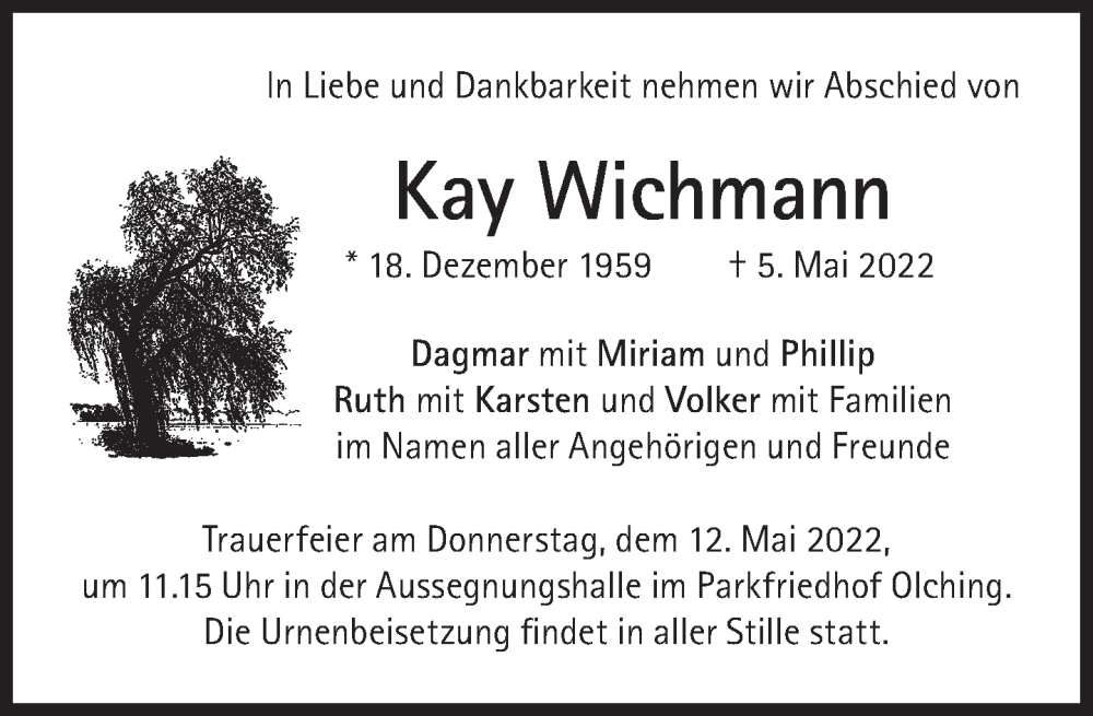  Traueranzeige für Kay Wichmann vom 07.05.2022 aus Süddeutsche Zeitung