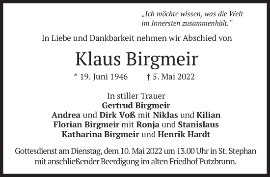 Traueranzeige von Klaus Birgmeir von Süddeutsche Zeitung