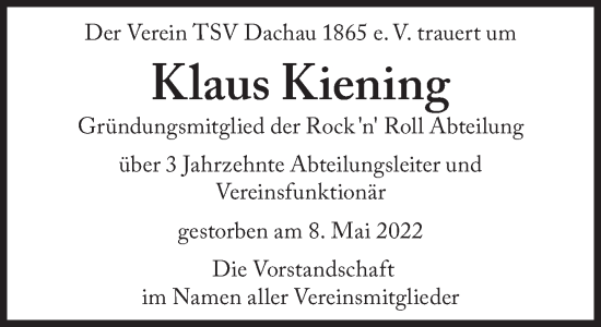 Traueranzeige von Klaus Kiening von Süddeutsche Zeitung