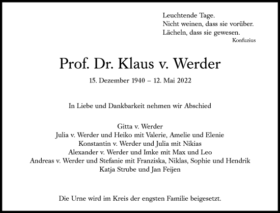 Traueranzeige von Klaus v. Werder von Süddeutsche Zeitung