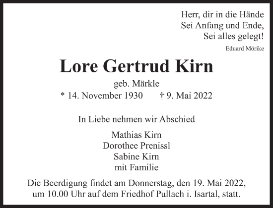 Traueranzeige von Lore Gertrud Kirn von Süddeutsche Zeitung