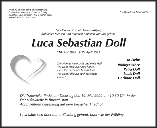 Traueranzeige von Luca Sebastian Doll von Stuttgarter Zeitung / Stuttgarter Nachrichten