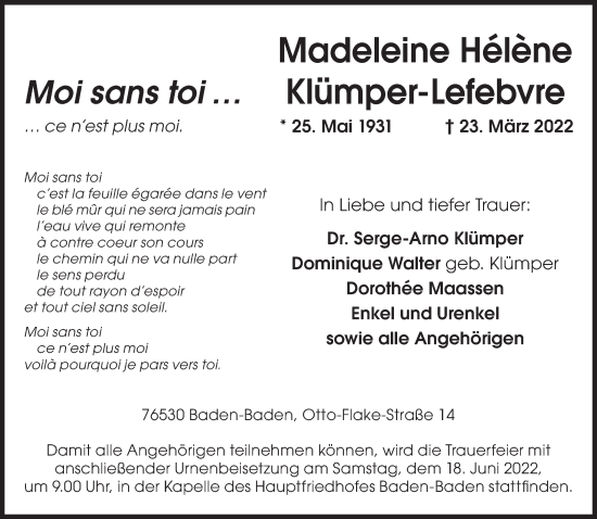 Traueranzeige von Madeleine Hélène Klümper-Lefebvre von Süddeutsche Zeitung