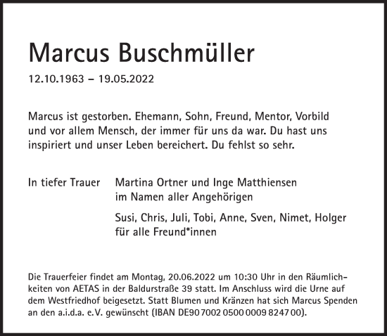 Traueranzeige von Marcus Buschmüller von Süddeutsche Zeitung
