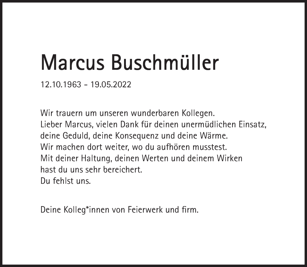 Traueranzeige für Marcus Buschmüller vom 28.05.2022 aus Süddeutsche Zeitung