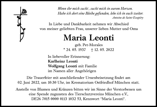 Traueranzeige von Maria Leonti von Süddeutsche Zeitung