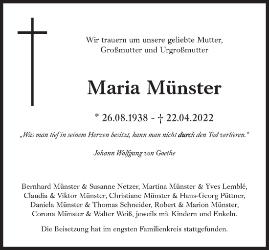 Traueranzeige von Maria Münster von Süddeutsche Zeitung