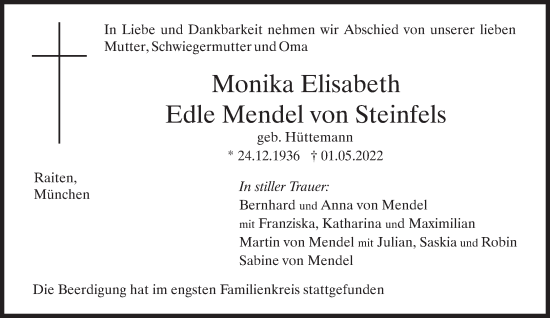 Traueranzeige von Monika Elisabeth Edle Mendel von Steinfels von Süddeutsche Zeitung