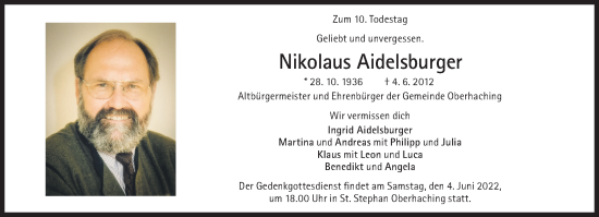 Traueranzeige von Nikolaus Aidelsburger von Süddeutsche Zeitung