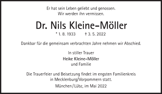 Traueranzeige von Nils Kleine-Möller von Süddeutsche Zeitung