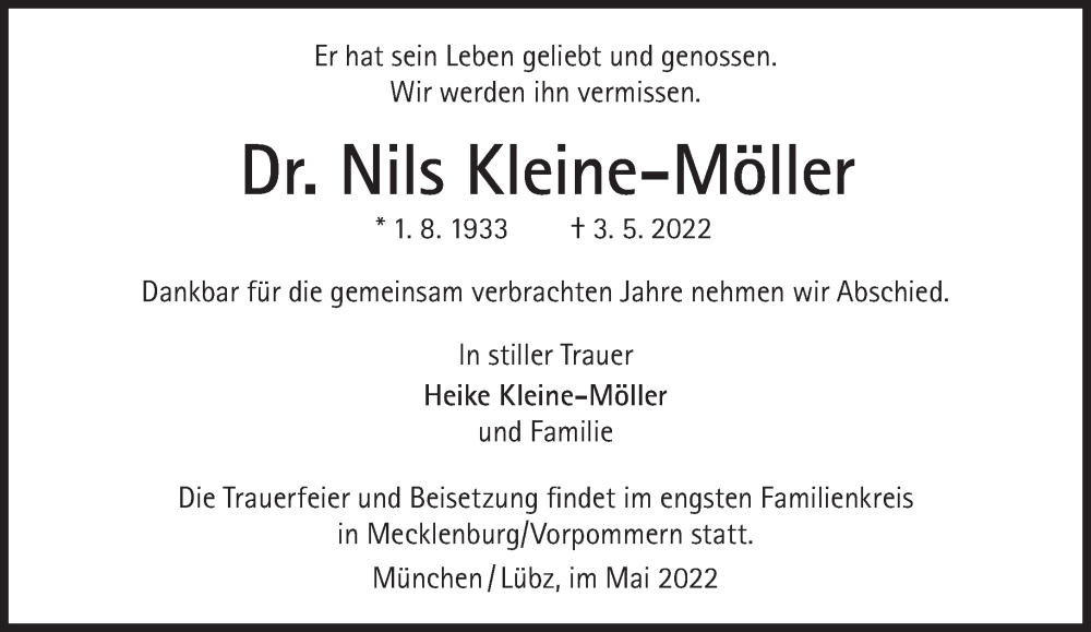  Traueranzeige für Nils Kleine-Möller vom 21.05.2022 aus Süddeutsche Zeitung