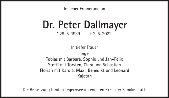 Traueranzeige von Peter Dallmayer von Süddeutsche Zeitung